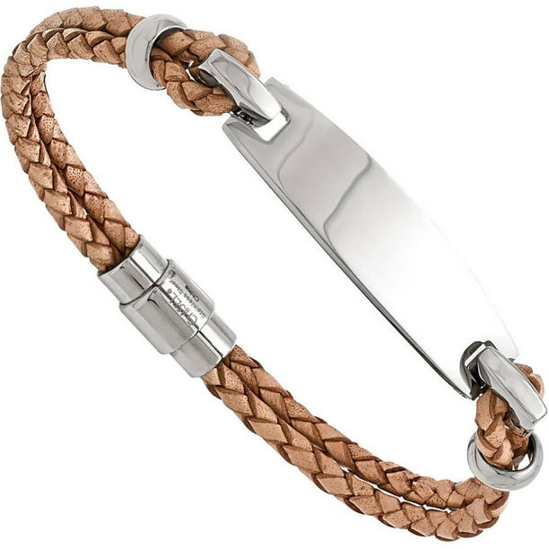 Stainless Steel Polished ID and Reddish Brown Leather Bracelet 8.5in Stainless Steel Polished ID and Reddish Brown Leather Bracelet 8.5in